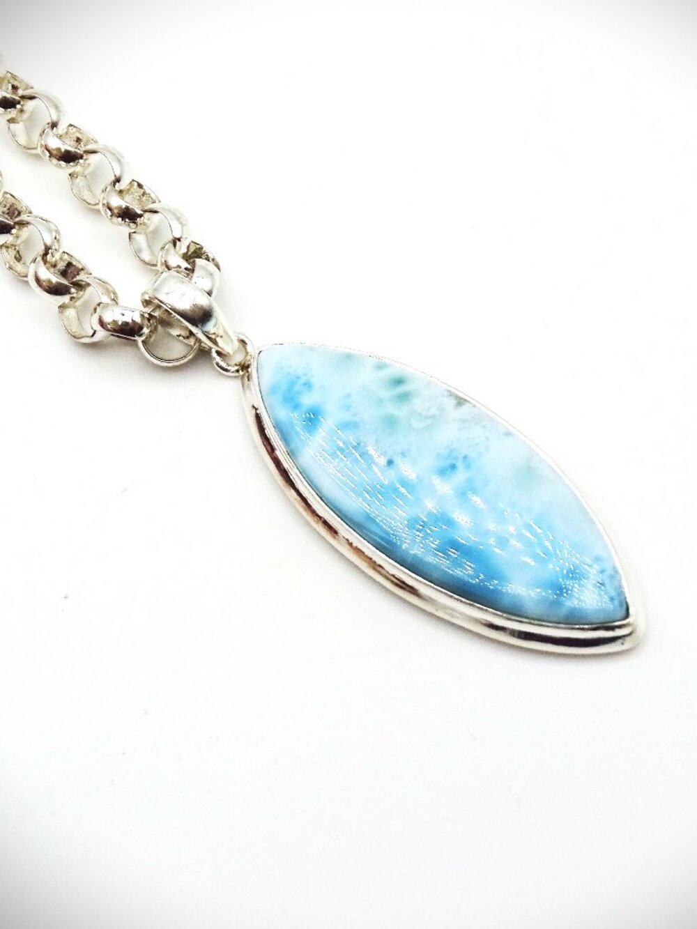 FAS Sterling Silver Genuine Larimar Pendant & Chain Necklace